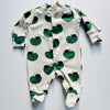 Eddie & Bee organic cotton Baby sleep suit  in Oat " Green Apple " print.