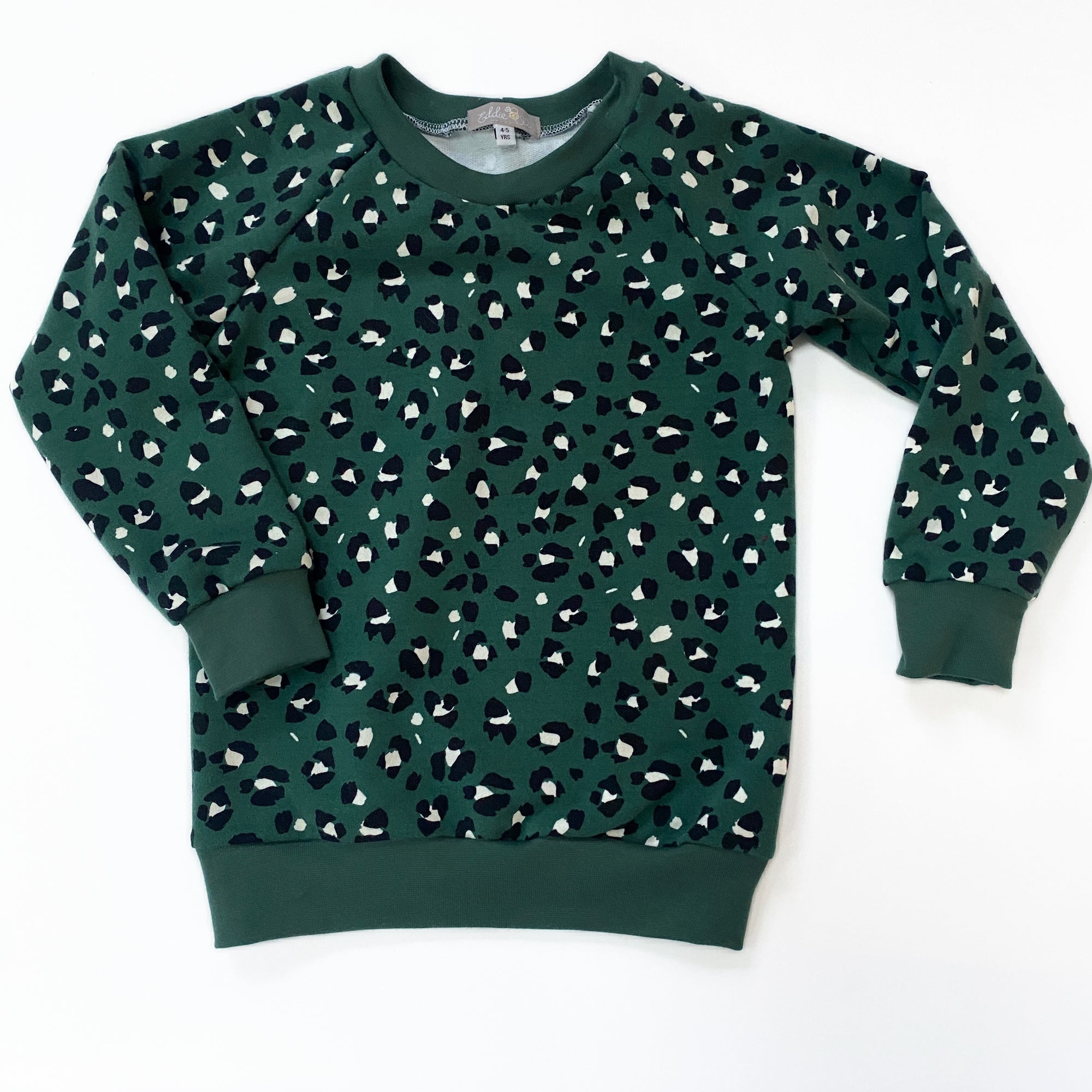 Eddie & Bee organic cotton sweatshirt  in Evergreen "Leopard spots " print with choice of trim colour.