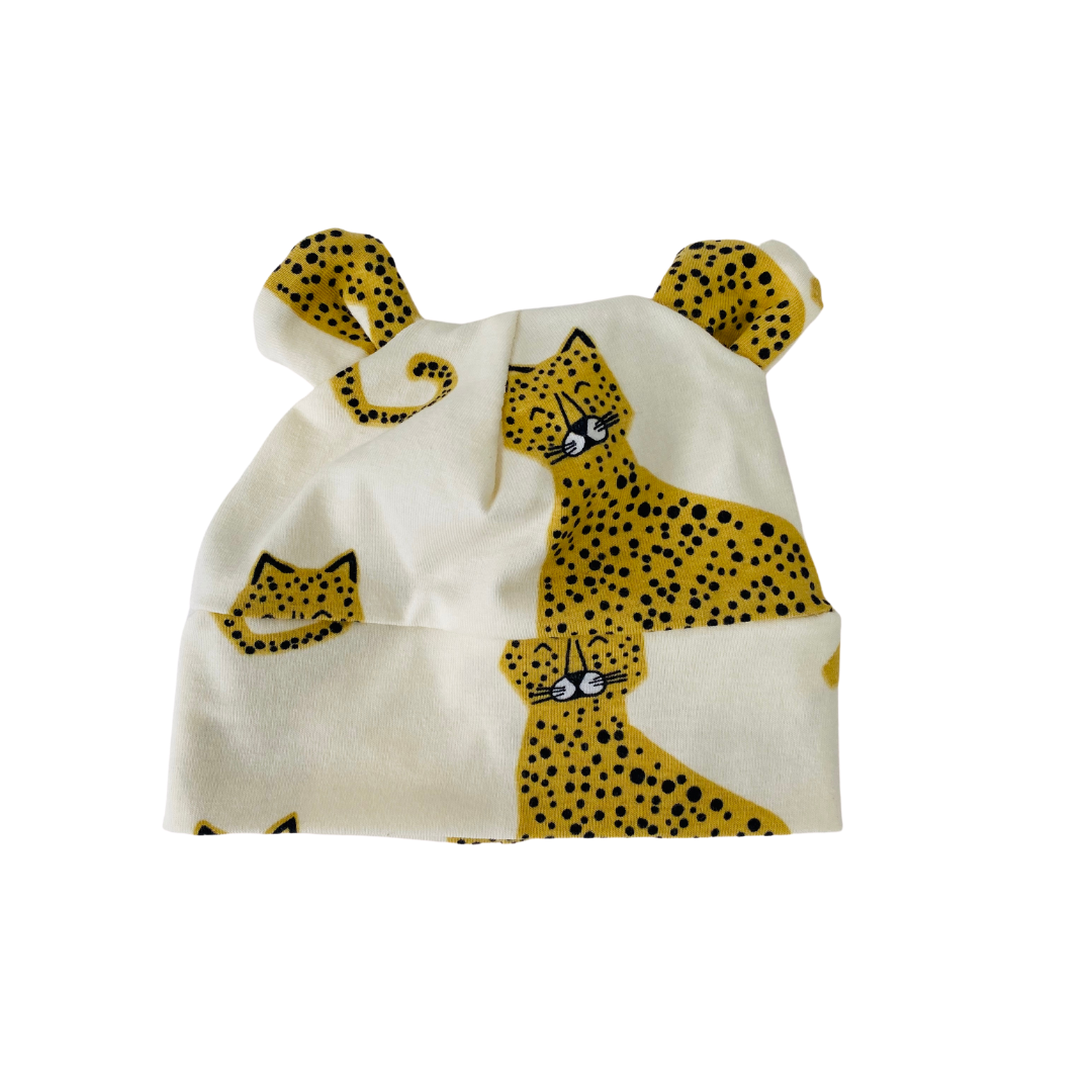Eddie & Bee organic cotton Baby hat with ears  in Cream " Happy Leopards” print organic cotton jersey .