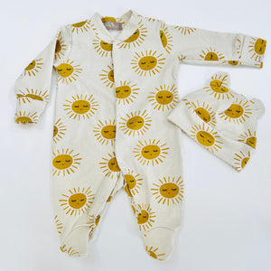 Eddie & Bee organic cotton Baby sleep suit  in Oat " Sunny " print.