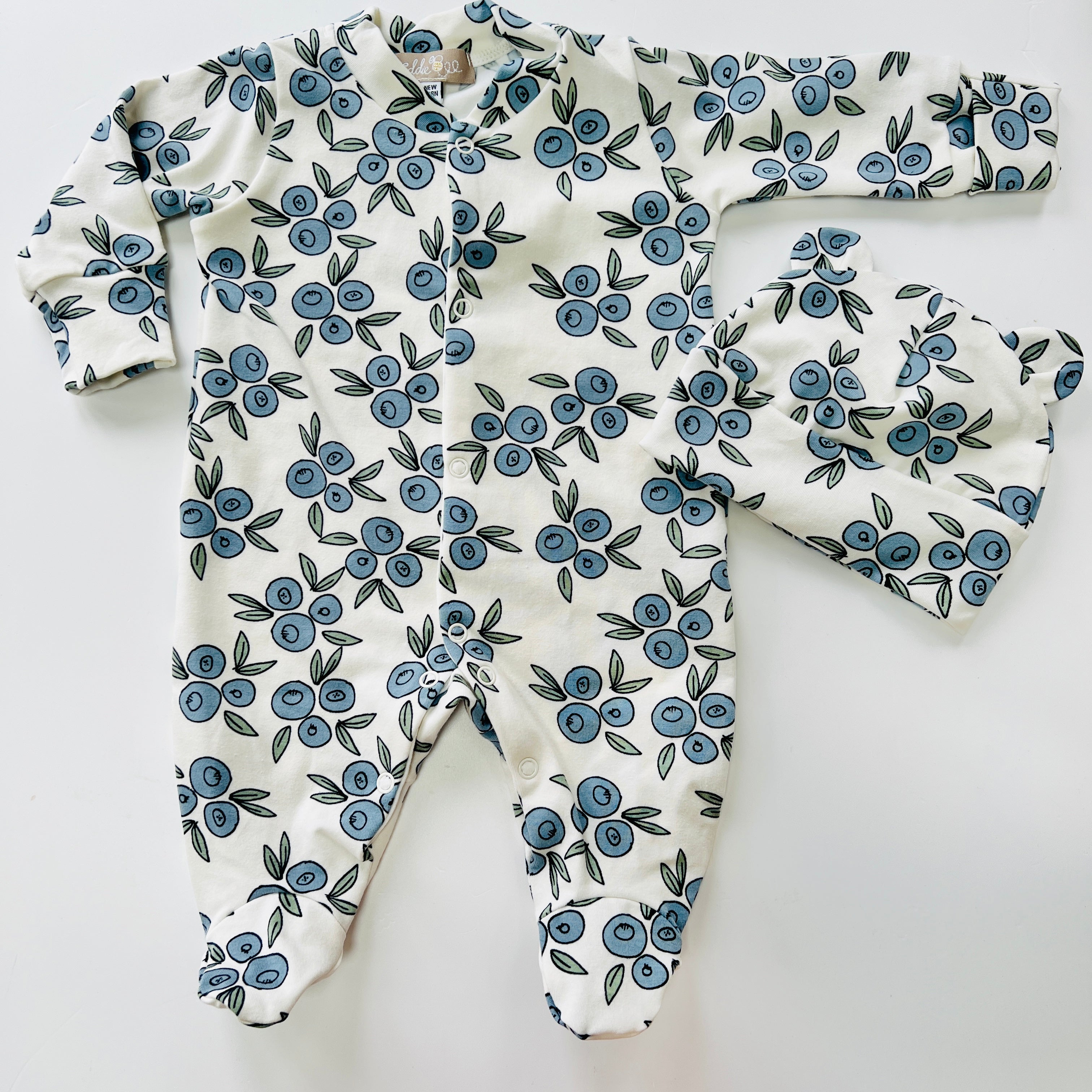 Eddie & Bee organic cotton Baby sleepsuit  in Cream " Blueberry " print.