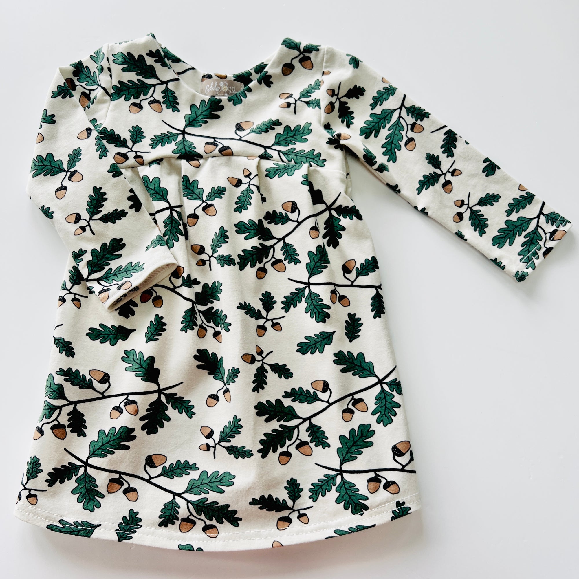 Eddie & Bee organic cotton long sleeved dress in Oat “Little Acorns” print