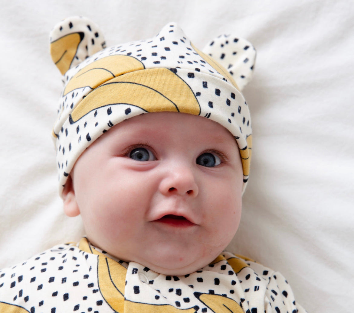 Eddie & Bee organic cotton Baby hat with ears  in Cream "Banana" print.