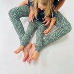 Eddie & Bee organic cotton leggings in Sage Green "Bamboo sticks" print.