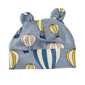 Eddie & Bee organic cotton Baby hat with ears  in Grey " Up, up and away” print organic cotton jersey .